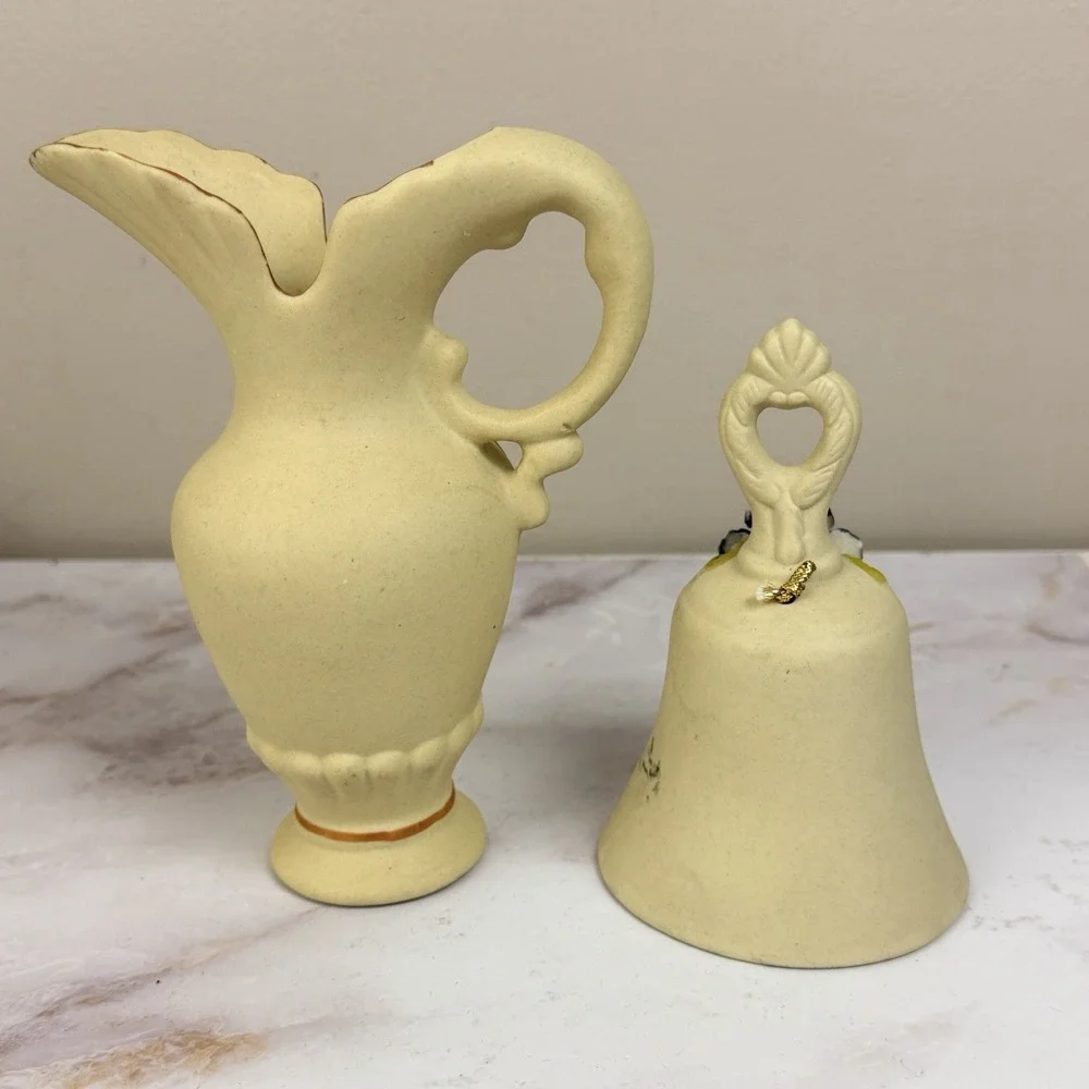 Flambro Porcelain Floral Pitcher Vase Bell Applied Roses Vintage Cottagecore Dec